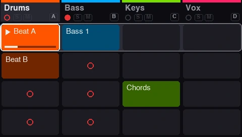 Clips: The pads are the Session view: launch, record and stop clips in Live's colours.